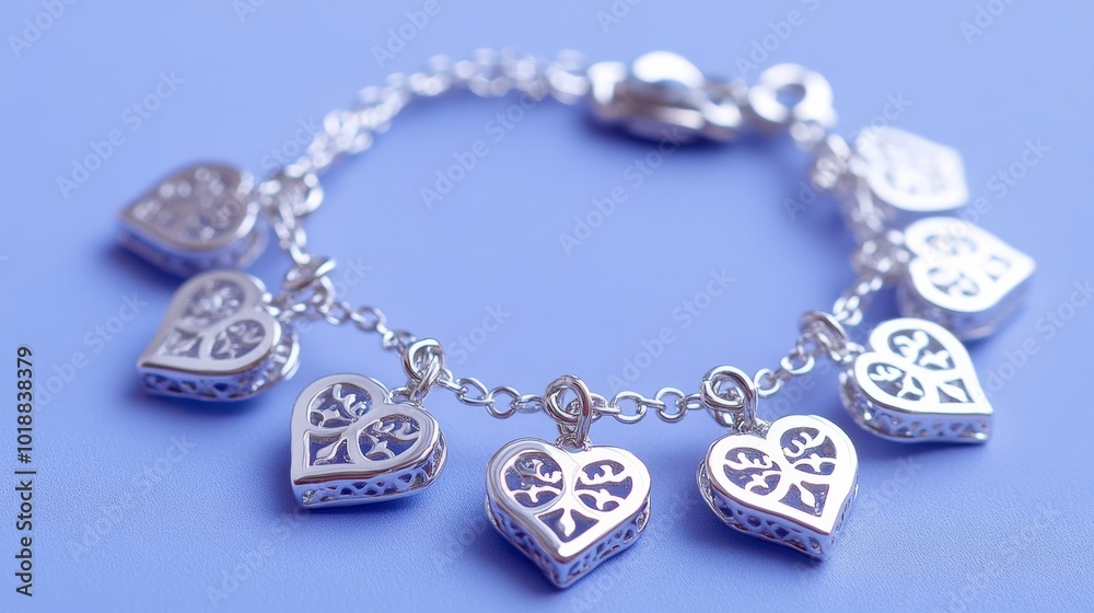 Delicate lace charms shaped like tiny hearts and flowers, attached to a silver bracelet on a light lavender background Delicate lace charms shaped like tiny hearts and flowers, attached to a silver bracelet on a light lavender background