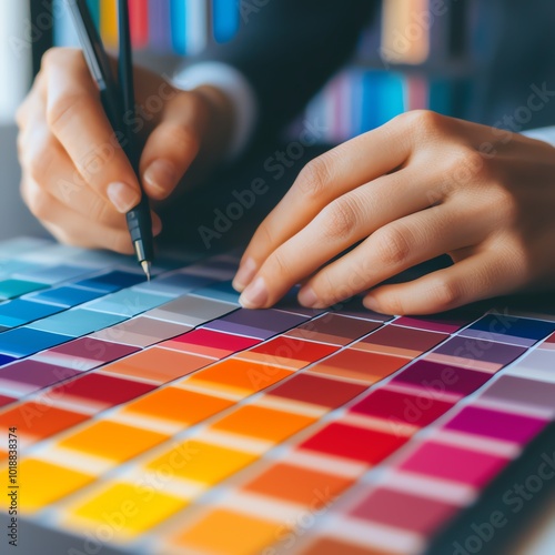 A professional designer analyzes a color palette, selecting shades to create captivating visual designs in a creative workspace.