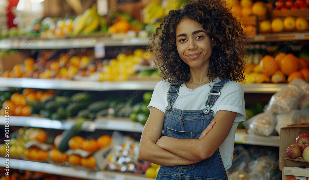 A young woman with curly hair and crossed arms stands confidently in front of a colorful grocery store produce section.
A young woman with curly hair and crossed arms stands confidently in front of a colorful grocery store produce section.