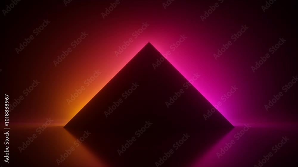 looping 3D animation with neon lights shifting colors, illuminating a black geometric triangular silhouette from behind. Animated background with relaxing and soothing ambiance