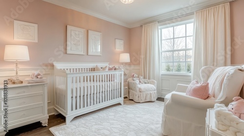A baby room with white furniture, soft bedding, and a light pink accent wall, creating a serene atmosphere.