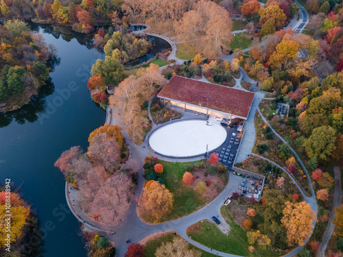 Aerial top down of Prospect Park ice skating rink zamboni Brooklyn during fall in New York City