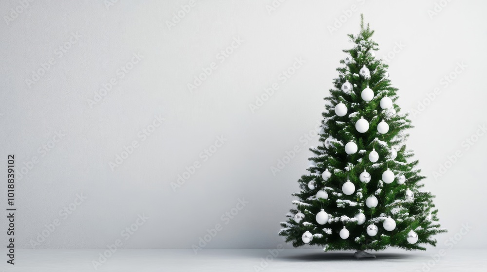 Elegant Christmas tree decked in white and silver ornaments, surrounded by snow, classic White Christmas theme Elegant Christmas tree decked in white and silver ornaments, surrounded by snow, classic White Christmas theme