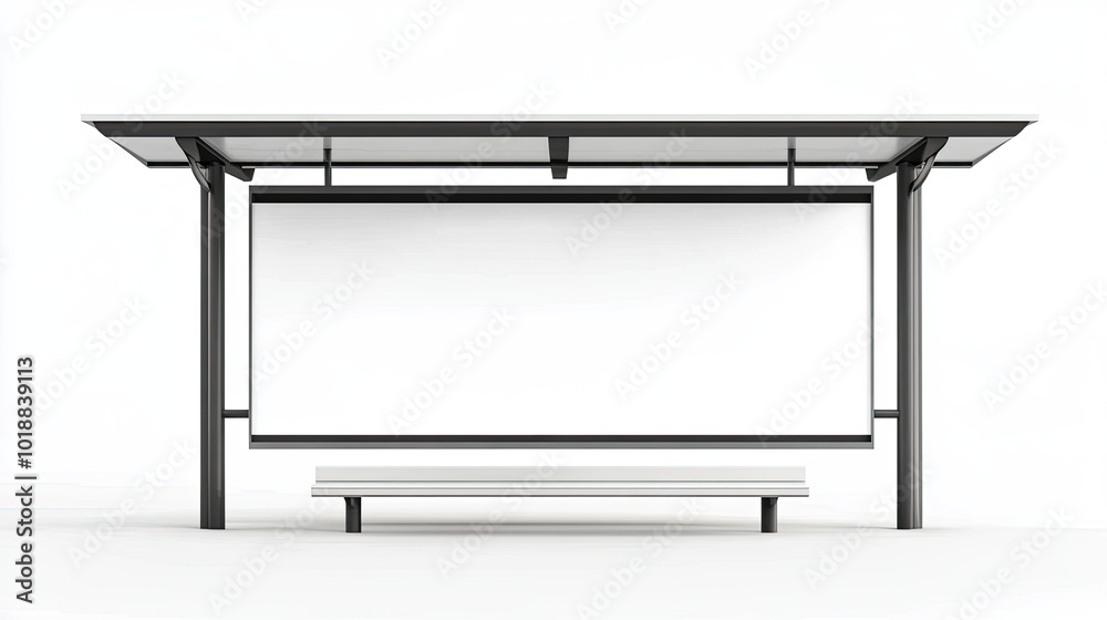 A blank white billboard mockup at a bus stop shelter, set against a clean white background, ready for creative design. A blank white billboard mockup at a bus stop shelter, set against a clean white background, ready for creative design.