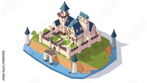 A detailed castle with towers, surrounded by trees and water. Vector illustration