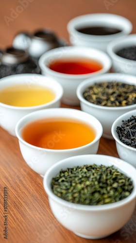 Elegant tea degustation table set with small cups of various tea types, from white to black, ready for tasting, serene atmosphere 