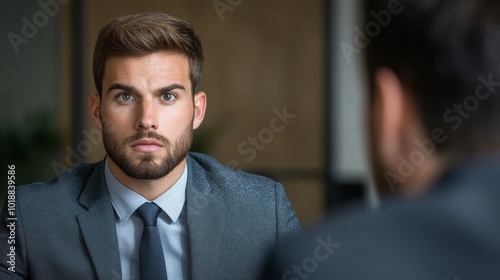 Employee calmly listening while a narcissistic coworker speaks loudly in a meeting, showing patience and professionalism 