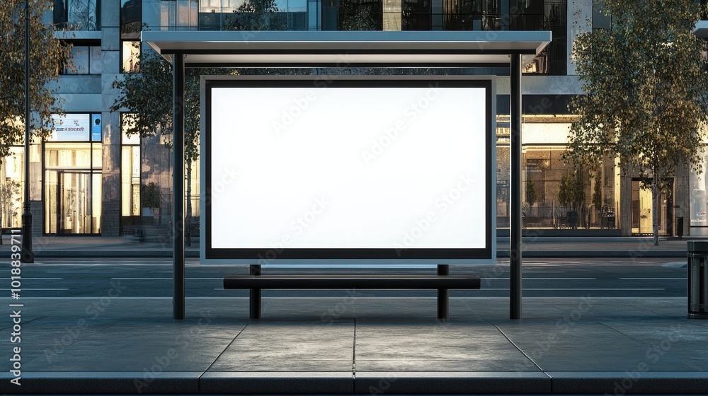 A bus stop shelter with a clean, white mockup panel for advertisements, placed against a white backdrop. A bus stop shelter with a clean, white mockup panel for advertisements, placed against a white backdrop.