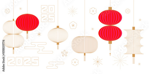 Chinese lanterns set. Japanese Asian new year red lamp. Linear vector illustration. photo