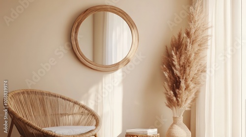 A wicker chair sits in a room with a round wooden mirror, a vase of pampas grass, and a stack of books on a table. photo