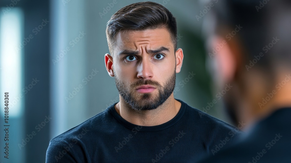 Employee using assertive body language while speaking to a bully, maintaining confidence in the face of intimidation Employee using assertive body language while speaking to a bully, maintaining confidence in the face of intimidation