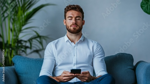 Employee using a meditation app on their phone during a break, practicing mindfulness to relieve work stress 