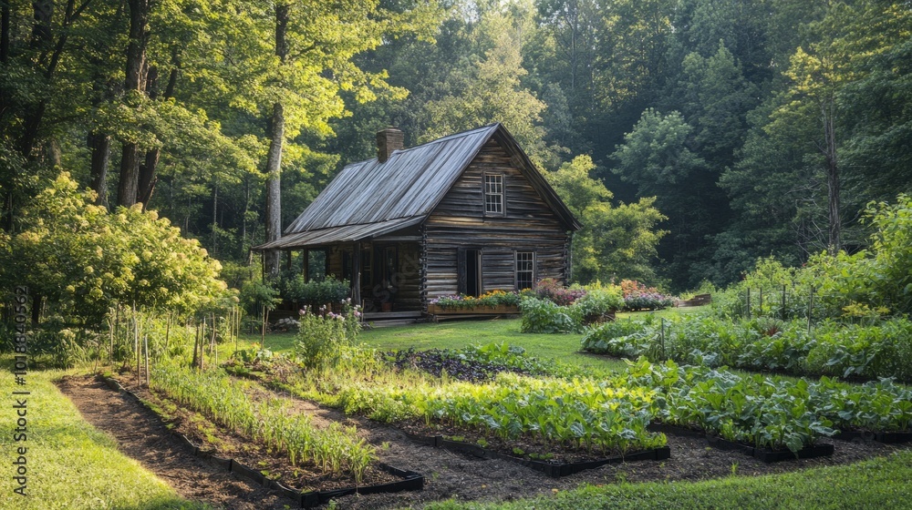 A rustic wooden cabin with a vegetable garden in front of it. A rustic wooden cabin with a vegetable garden in front of it.
