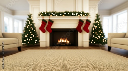 Family room with a beautifully decorated fireplace, Christmas stockings, and twinkling lights, perfect for cozy holiday gatherings 
