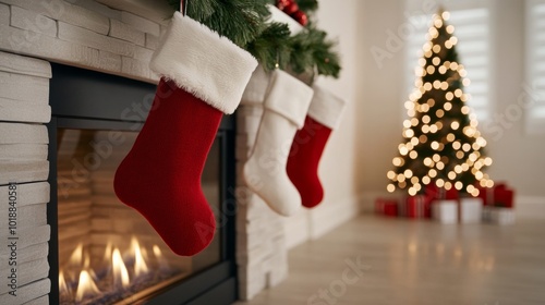 Family room with a beautifully decorated fireplace, Christmas stockings, and twinkling lights, perfect for cozy holiday gatherings