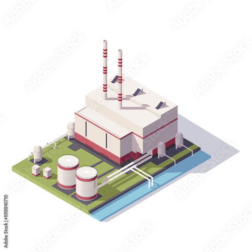 An industrial facility with cooling towers and pipes on green ground. Vector illustration