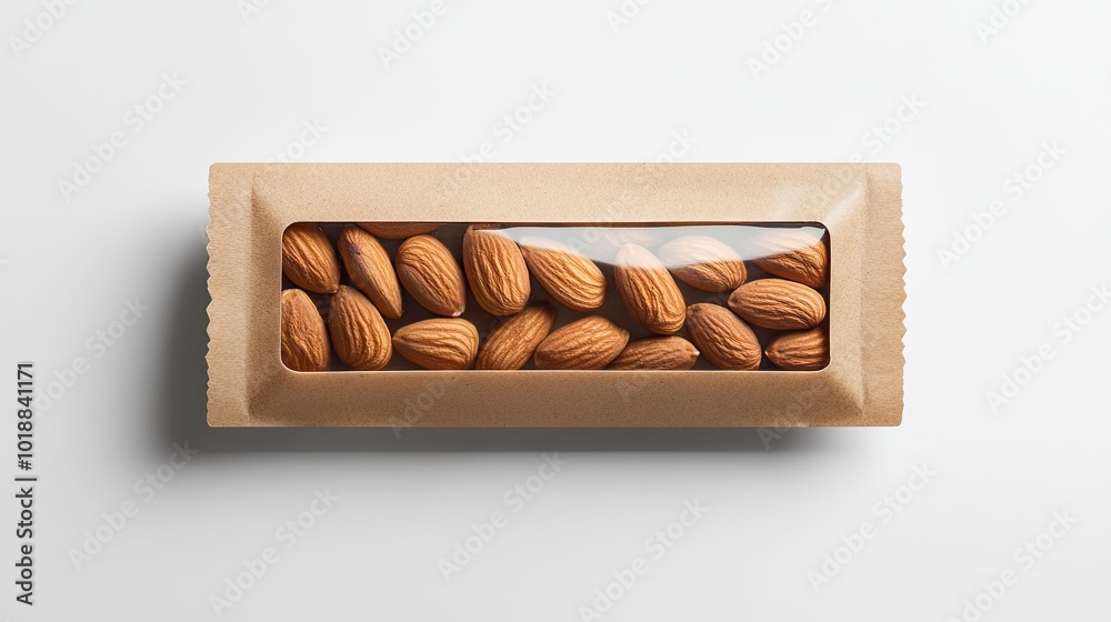 A kraft paper package of roasted almonds with a transparent section in the middle, neatly displayed on a clean white background. A kraft paper package of roasted almonds with a transparent section in the middle, neatly displayed on a clean white background.
