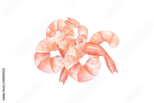 Pink peeled boiled prawn heap watercolor food illustration clip art. Cooked unshelled tiger shrimps pile in realistic painting style. Seafood cooking ingredient for menu, recipe design