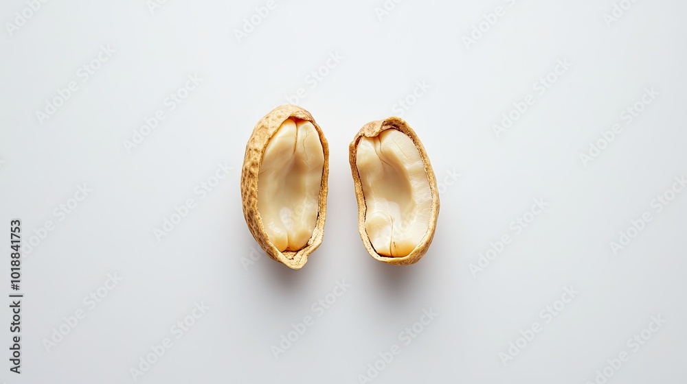 A minimalist arrangement of a single peanut split open, with its two halves lying flat against a pure white background. A minimalist arrangement of a single peanut split open, with its two halves lying flat against a pure white background.