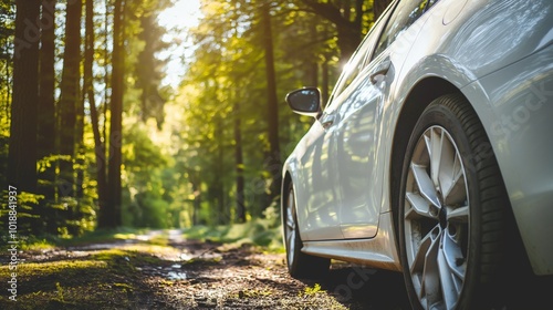 The car is parked next to the forest, exploring the nature theme. generate ai