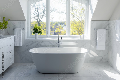 Contemporary minimal white bathroom with a freestanding tub under skylights, showcasing simplicity and luxury with marble accents.