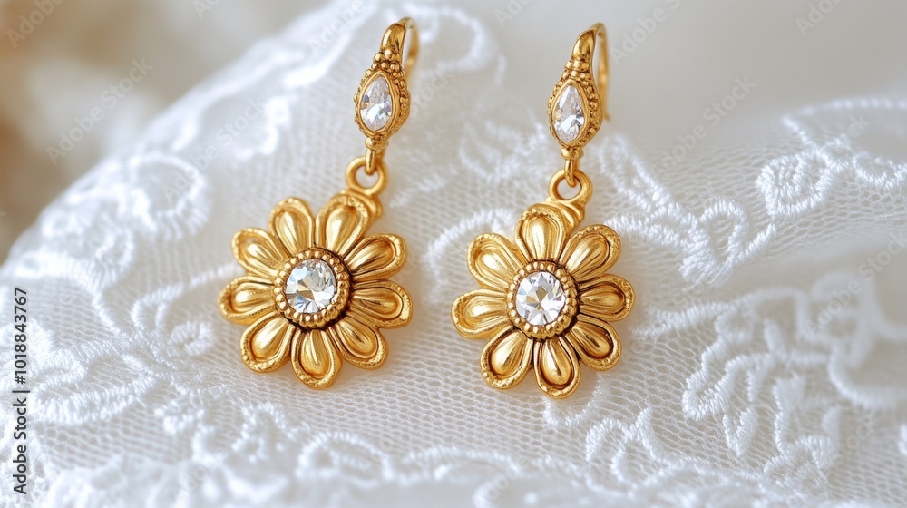 Obraz premium Intricate lace charm earrings with gold accents and crystal drops on a white lace cloth background 