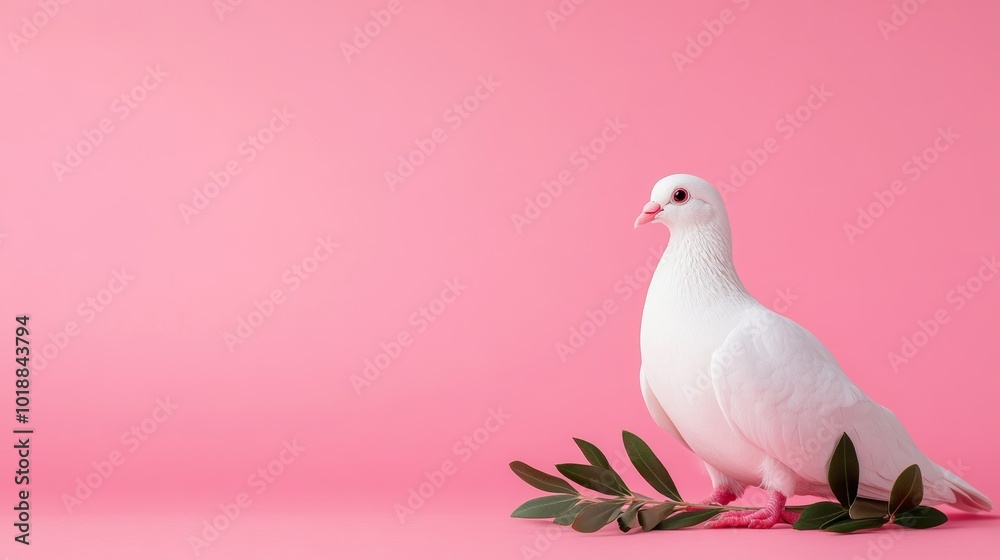 Obraz premium Isolated white dove with olive branch over soft pastel gradient background representing peace and Christmas 