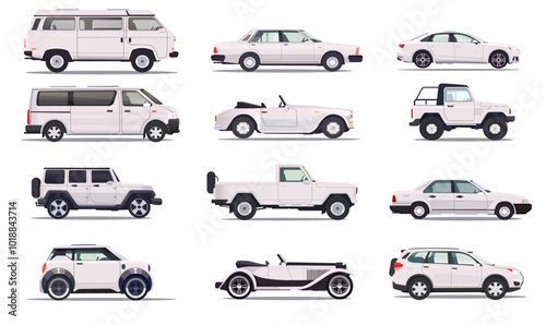 A collection of different white cars displayed in side view on a plain background. Vector illustration