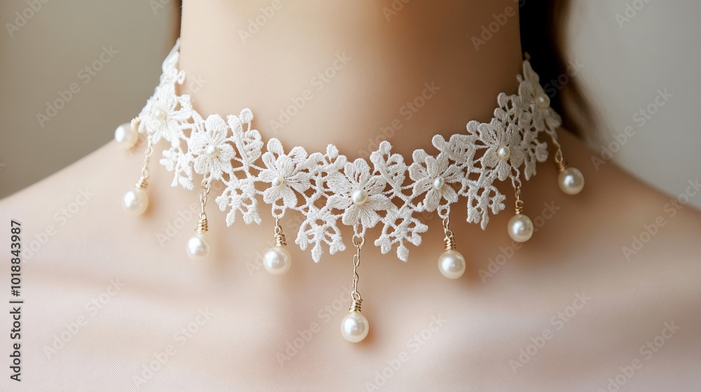 Lace choker with dangling lace charms and tiny pearls against a soft cream background Lace choker with dangling lace charms and tiny pearls against a soft cream background