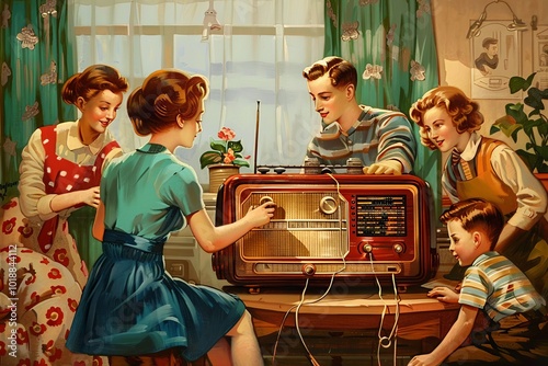 a retro style painting of a family gathered around a vintage radio