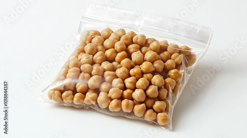 A vacuum-sealed bag of chickpeas displayed on a white background, emphasizing freshness and long shelf life.