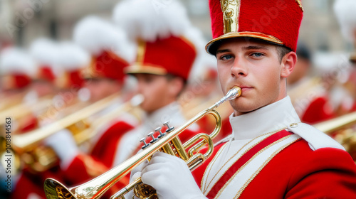 Marching band in colorful uniforms performing at a halftime show, brass instruments shining, homecoming excitement theme 