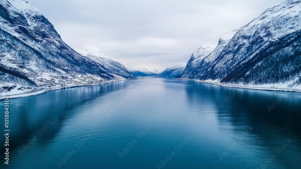 Norwegian fjords with snowy mountains and frozen waters, a breathtaking winter tour destination Norwegian fjords with snowy mountains and frozen waters, a breathtaking winter tour destination
