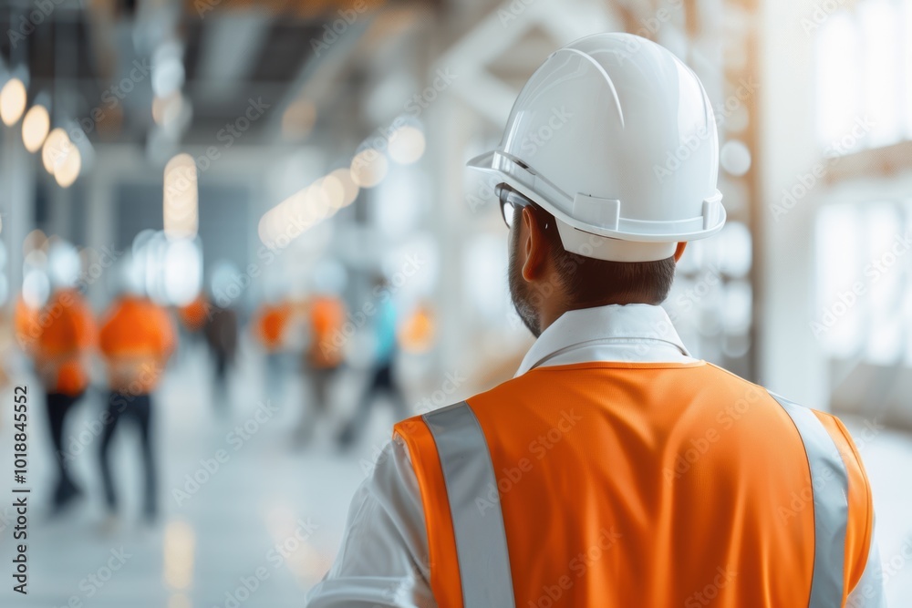 Construction worker in orange vest and white helmet overseeing site Construction worker in orange vest and white helmet overseeing site