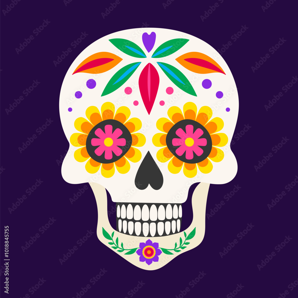 A colorful sugar skull with flowers and leaves on it. The skull is decorated with bright colors and has a flower on each eye A colorful sugar skull with flowers and leaves on it. The skull is decorated with bright colors and has a flower on each eye