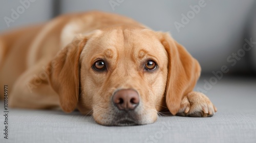 Labrador Retriever lying down on a gray sofa. Calm pet portrait in a home environment.