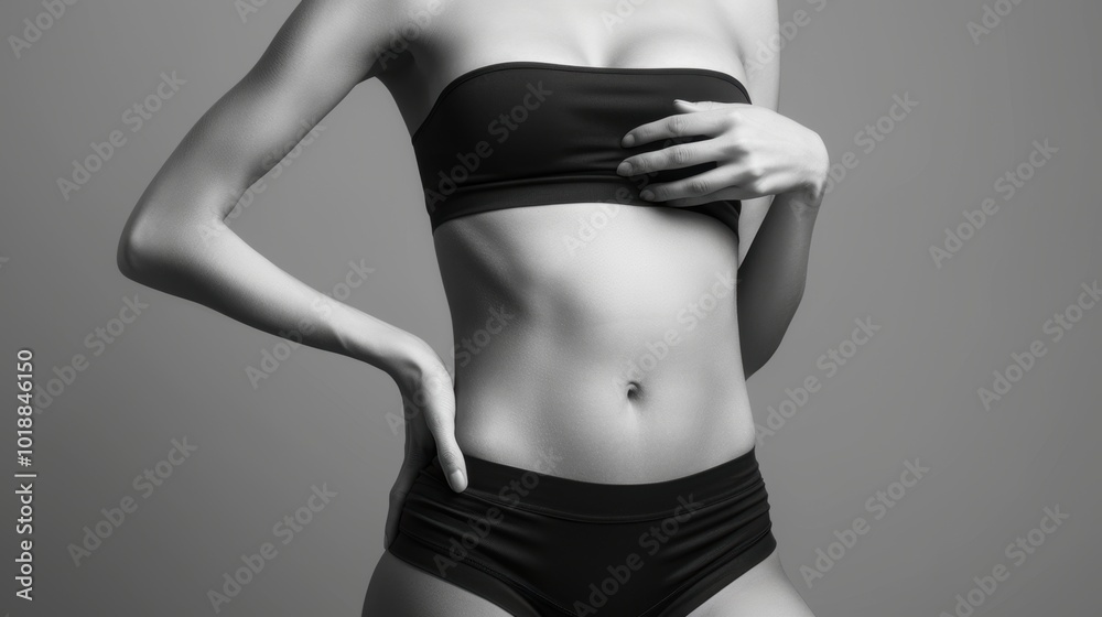 Naklejka premium black and white portrait of a woman in sports bra showing torso. Studio fitness photography.