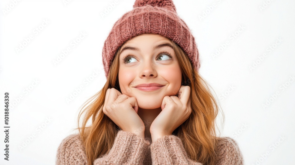 Smiling young woman wearing pink winter hat. Winter fashion and cheerful concept Smiling young woman wearing pink winter hat. Winter fashion and cheerful concept