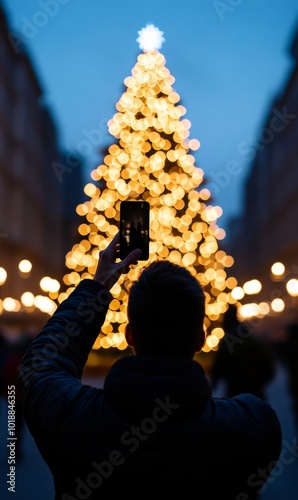 Person taking a selfie in front of a giant decorated Christmas tree with twinkling lights in the city center, festive holiday atmosphere 