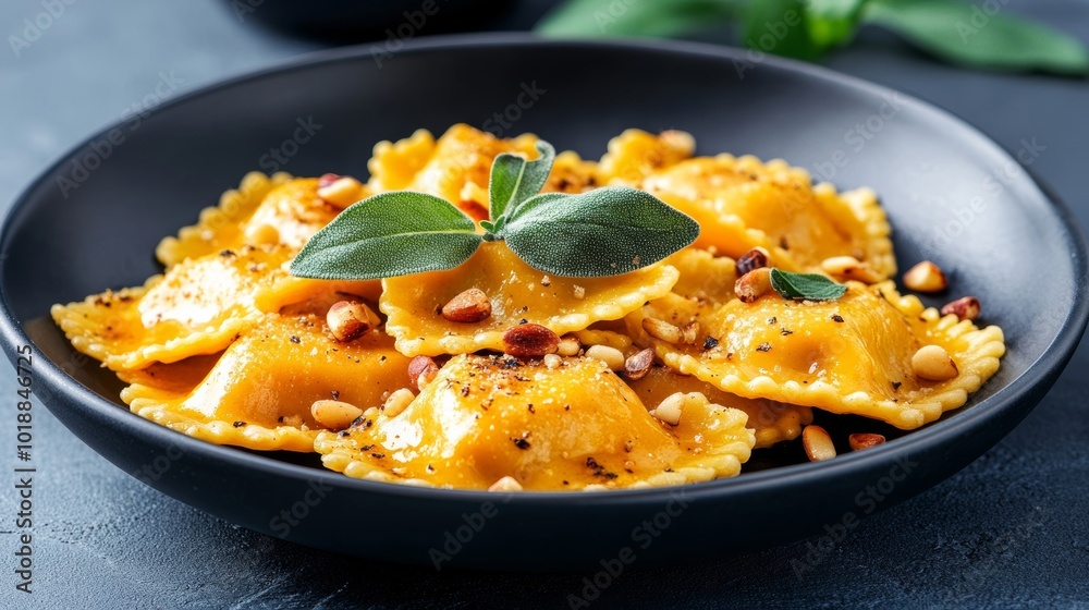 Pumpkin ravioli with sage butter sauce and toasted pine nuts on a dark ceramic plate Pumpkin ravioli with sage butter sauce and toasted pine nuts on a dark ceramic plate