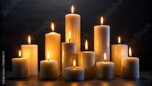 group of white pillar candles with burning flames illuminated against dark background cut-out photo, generative Ai