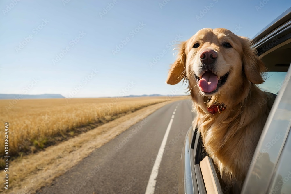 Golden retriever happily sticks its head out of a car window, embracing the excitement of a road trip. Golden retriever happily sticks its head out of a car window, embracing the excitement of a road trip.