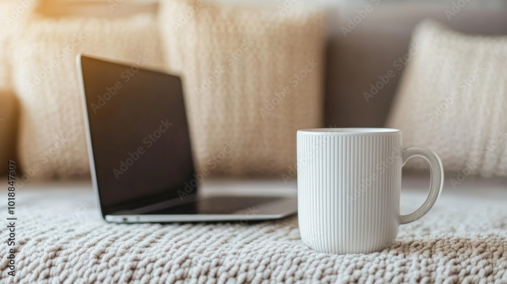 Remote worker with a laptop on a cozy couch, coffee mug in hand, comfortable home workspace theme Remote worker with a laptop on a cozy couch, coffee mug in hand, comfortable home workspace theme
