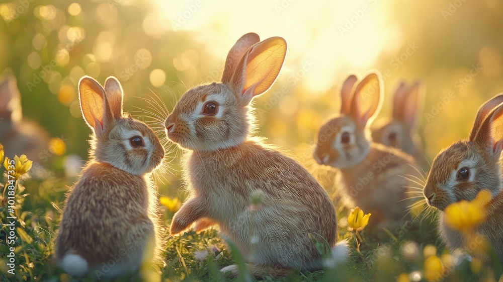 A group of rabbits frolicking together in a sunny field, their fur catching the light as they play A group of rabbits frolicking together in a sunny field, their fur catching the light as they play