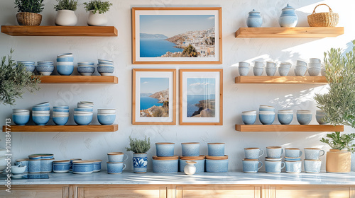 Wallpaper Mural Cozy mediterranean kitchen with ceramic pottery and aegean sea photos for travel-inspired home decor Torontodigital.ca