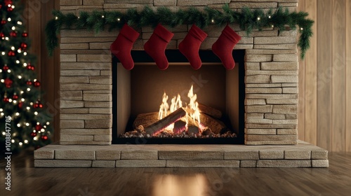 Rustic fireplace with pine garlands and red stockings hung across the mantel, the glow of the fire casting a warm Christmas ambiance 