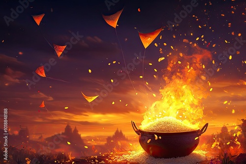 Flying kites in the sky for Makar Sankranti.A warm, inviting bonfire for Lohri.A Pongal pot with rice overflowing, representing the Pongal festival. generative ai photo