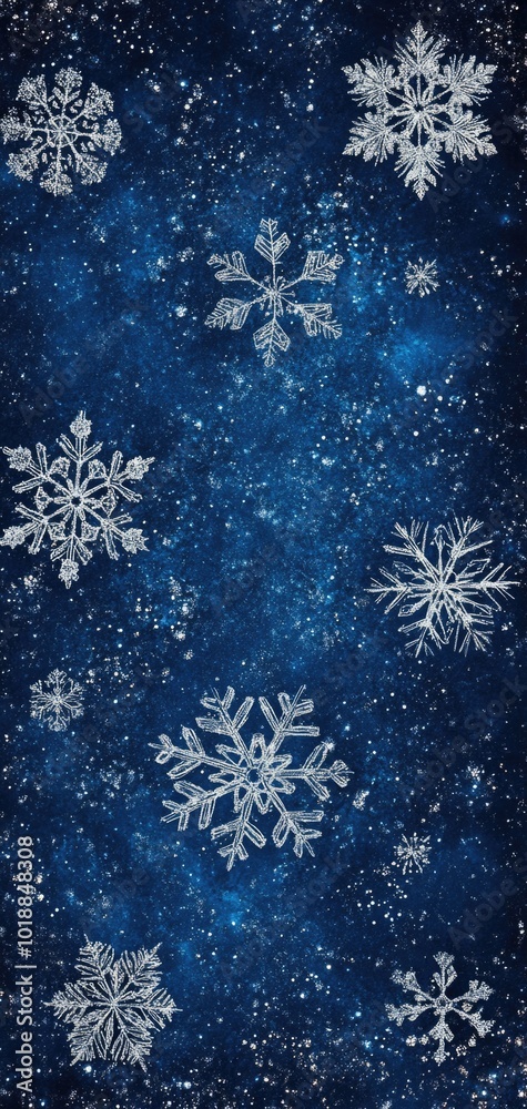 Elegant abstract Christmas snowflake pattern on deep blue background for festive smartphone wallpaper in vertical format Elegant abstract Christmas snowflake pattern on deep blue background for festive smartphone wallpaper in vertical format