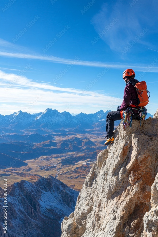 Climber enjoying a breathtaking view from a mountain peak in the Andes during a clear day Climber enjoying a breathtaking view from a mountain peak in the Andes during a clear day