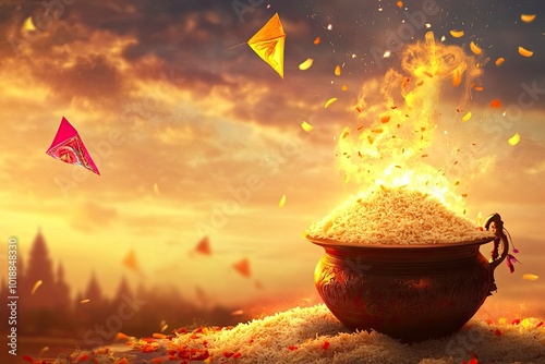 Flying kites in the sky for Makar Sankranti.A warm, inviting bonfire for Lohri.A Pongal pot with rice overflowing, representing the Pongal festival. generative ai photo